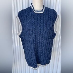 Navy Cable Knit V-Neck Wool Sweater Vest